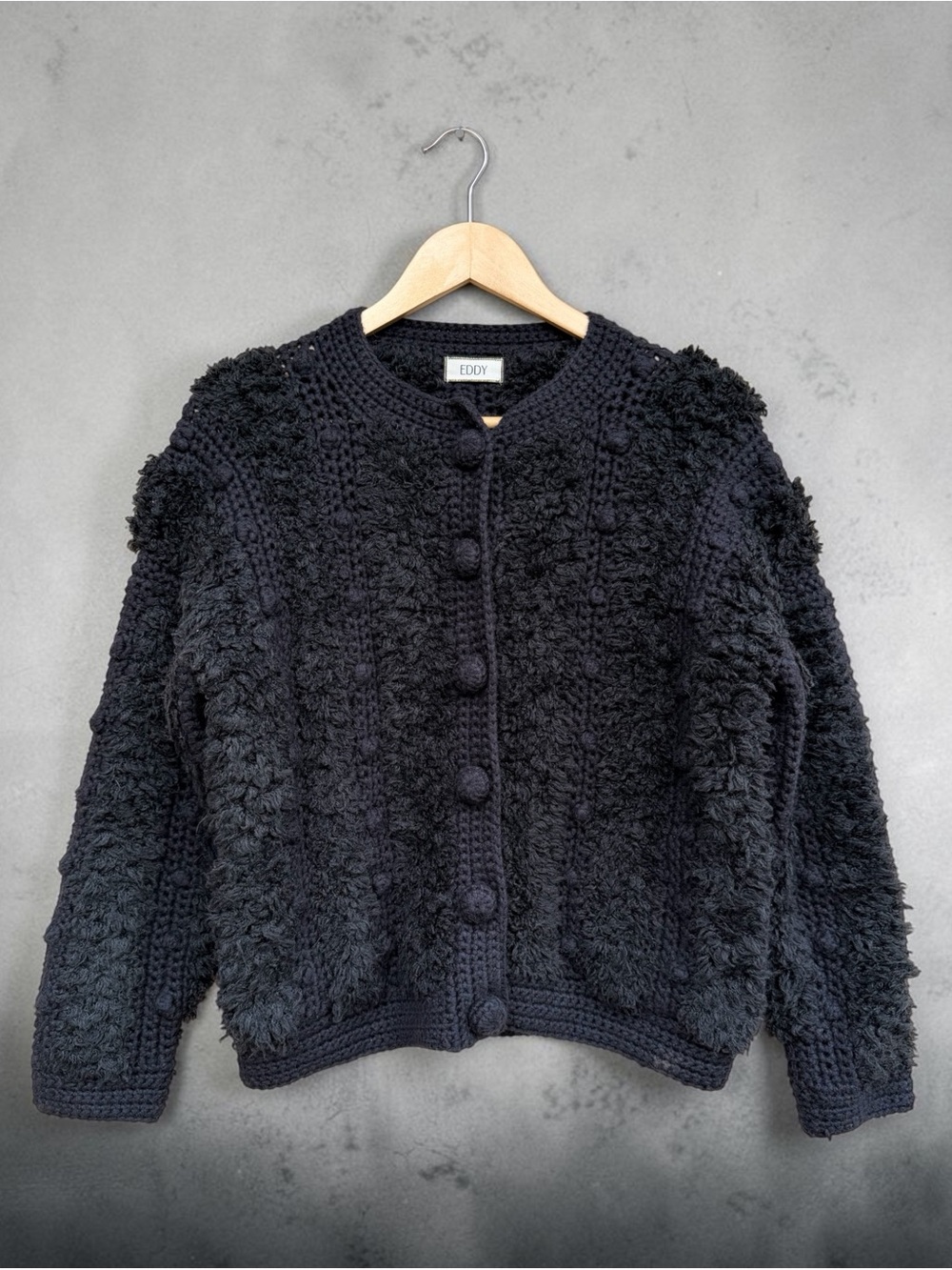 Eddy boho black chunky textured knit pom pom cardigan